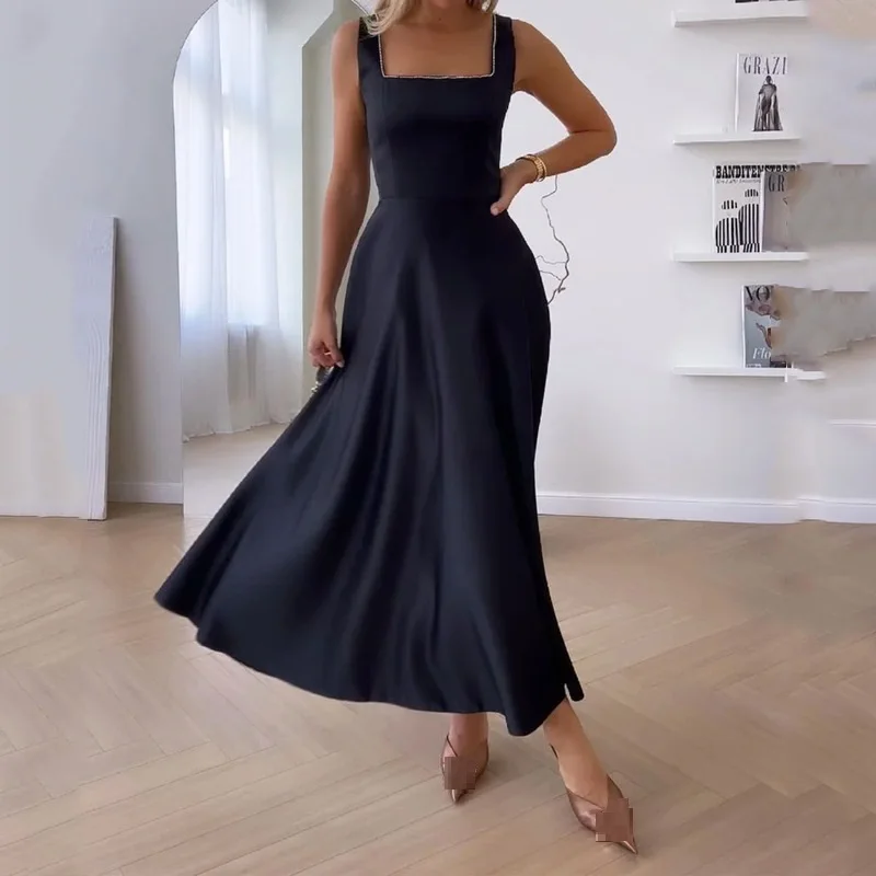 Элегантное женское длинное платье черного цвета лаванды, шикарный сарафан без рукавов с квадратным воротником и высокой талией, повседневные летние платья для вечеринок 2023 года4