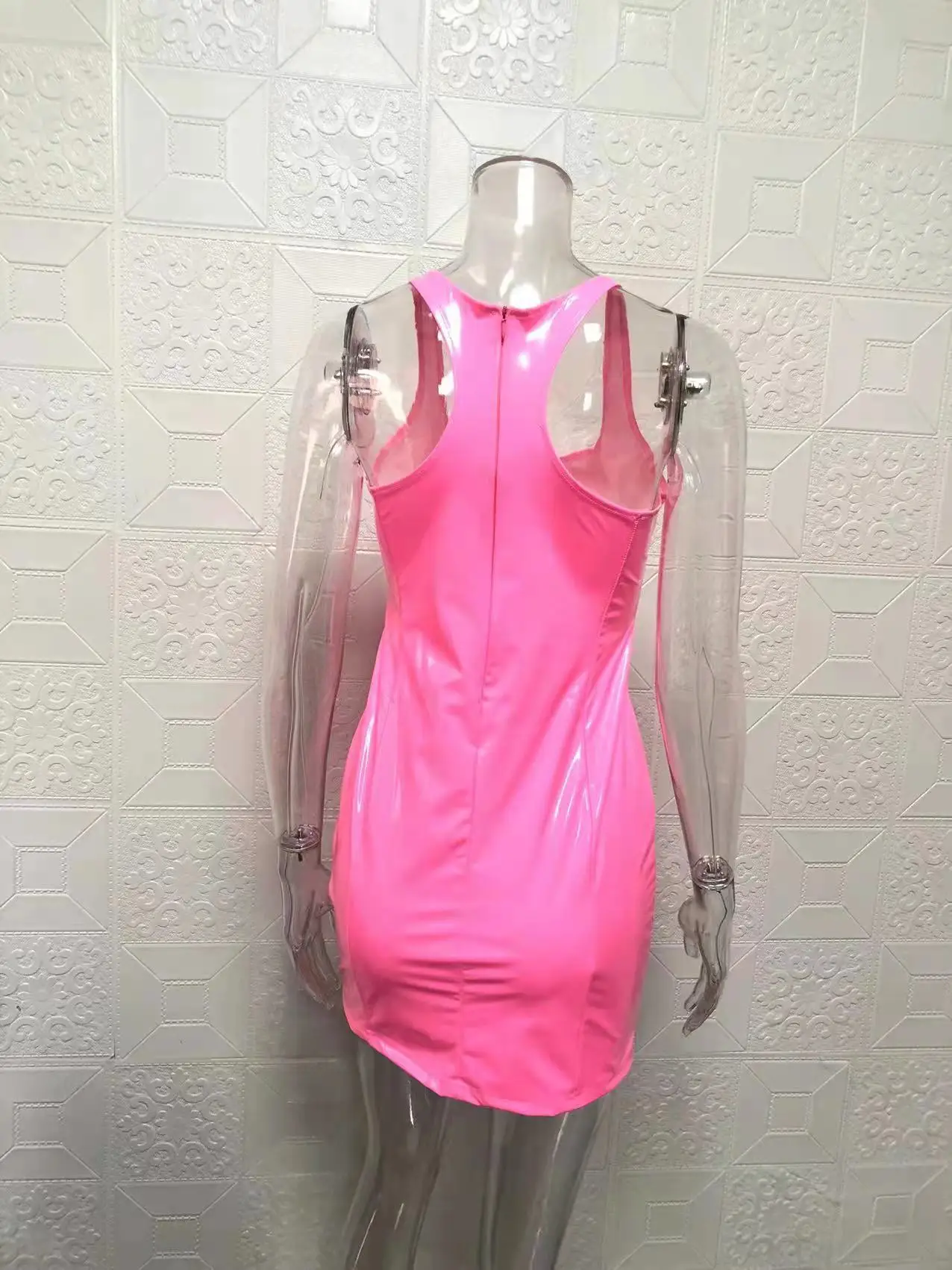 Женское сексуальное платье-пуловер из искусственной кожи без рукавов на молнии из искусственной кожи с высоким круглым вырезом и запахом, модные мини-платья5