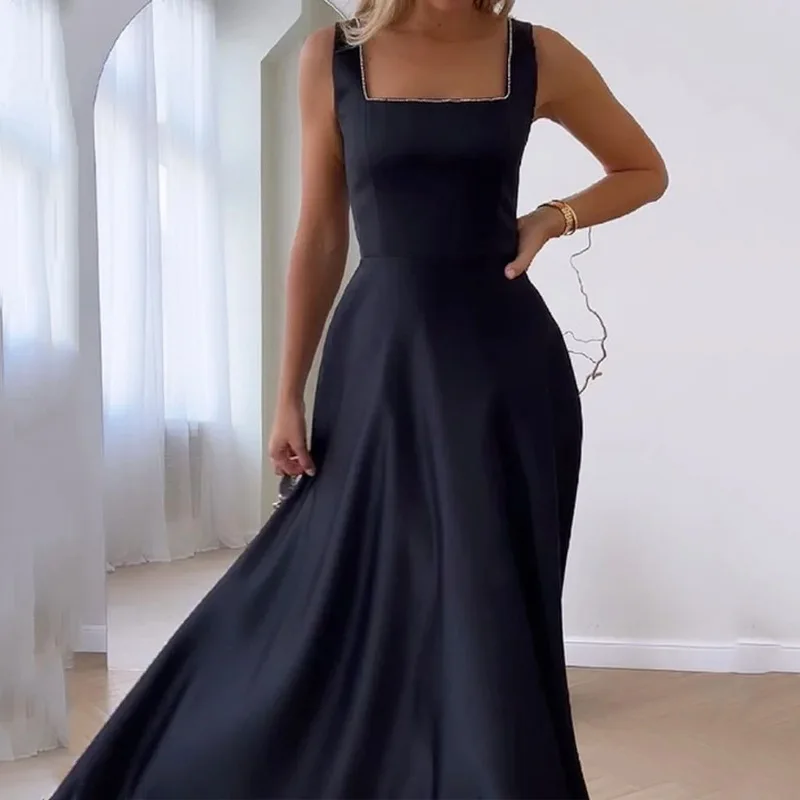 Элегантное женское длинное платье черного цвета лаванды, шикарный сарафан без рукавов с квадратным воротником и высокой талией, повседневные летние платья для вечеринок 2023 года5